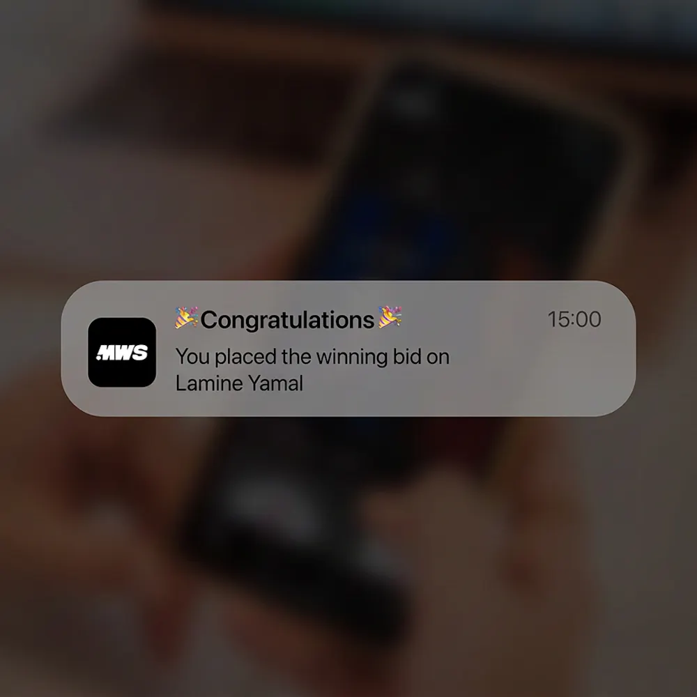 Screenshot of the notification for placing the winning bid on Lamine Yamal from FC Barcelona