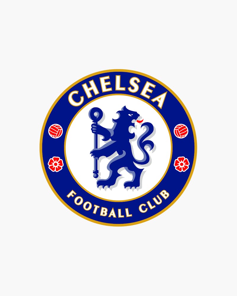 Chelsea Football Club logo featuring a blue lion holding a staff, surrounded by red roses and footballs, with a blue and yellow border.