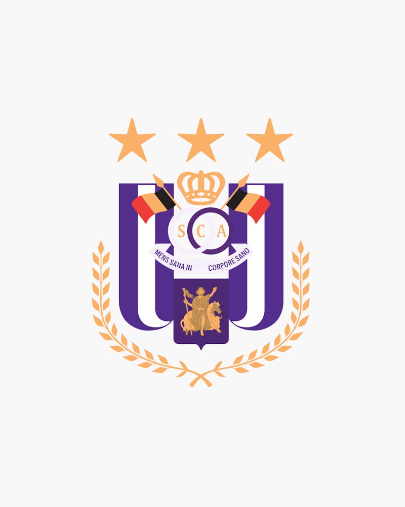 Anderlecht Football Club Logo with Belgian flags three stars at the top with purple white and gold as the main colors