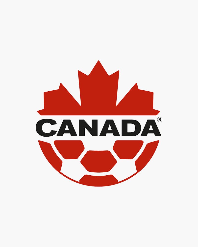 Red maple leaf and soccer ball design above the word "Canada" on a white background.