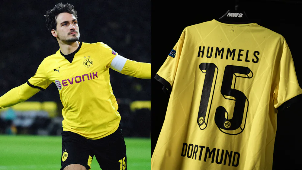 Left: Mats Hummels celebrates goal against Liverpool. Right: The match-worn shirt from the game