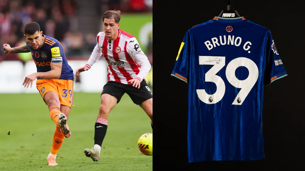 Bruno Guimaraes in action on the field, wearing a shirt being auctioned in the Dunga Collection. Image includes a signed blue jersey with "BRUNO G. 39".