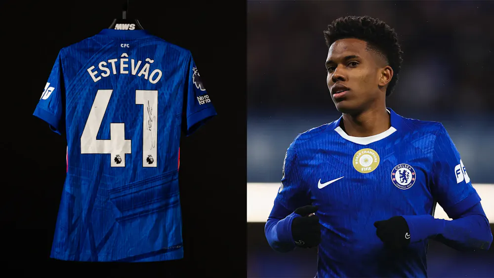 A blue Chelsea football jersey with "Estêvão 41" on the back, and Estevao wearing the same jersey with a FIFA badge visible on the front. From A Dunga auction from the MWS Legend Collection