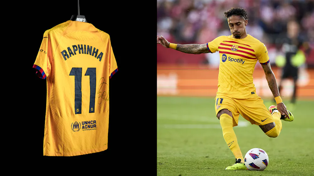 A yellow football jersey with "RAPHINHA" and number 11 hanging; Raphinha wearing the same jersey, poised to kick a ball on the field.