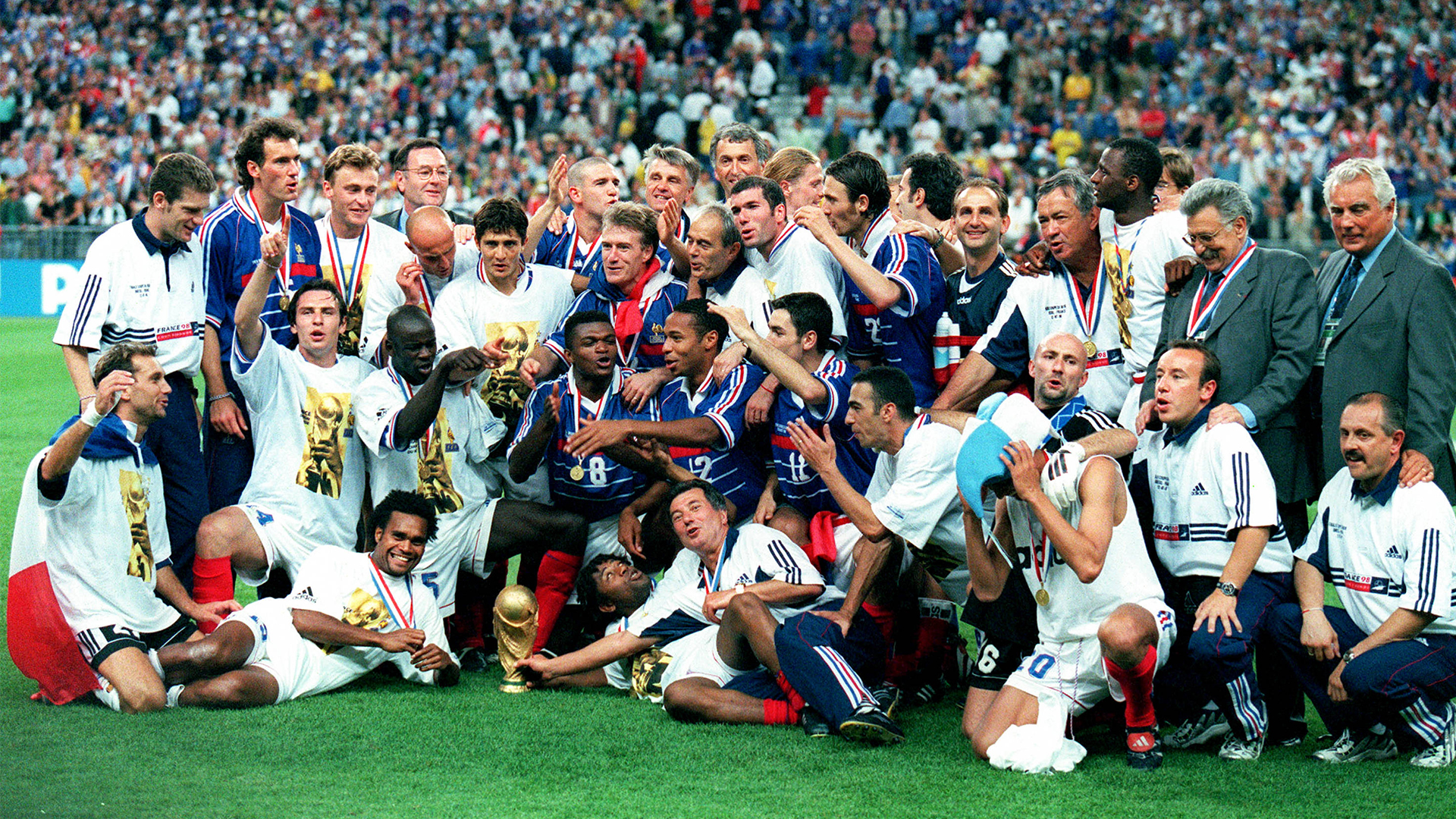 Christian Karembeu and his France teammates celebrate beating Brazil in the 1998 World Cup final