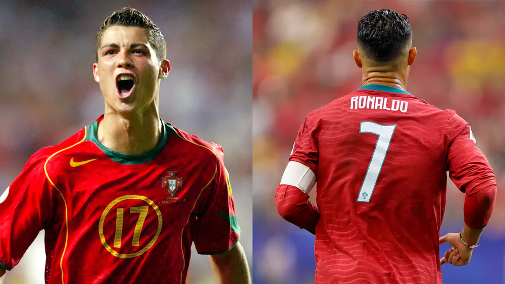 Ronaldo wearing number 17 in 2004 and number 7 in 2026