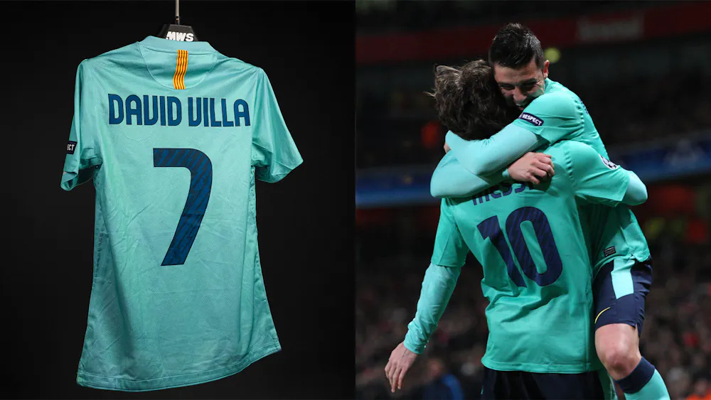 David Villa celebrates with Lionel Messi after scoring against Arsenal at the Emirates in 2011