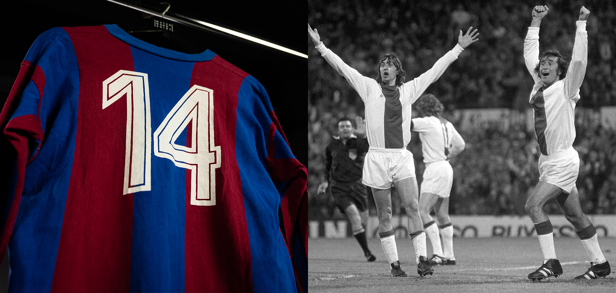 (L) Johan Cruyff's shirt, gifted to Sjaak Swart, (R) Cruyff & Swart in action for Ajax