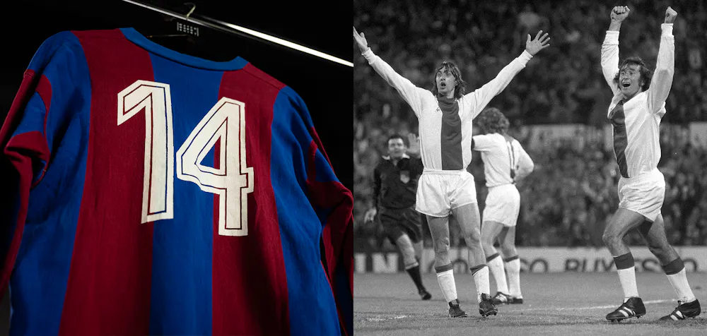 (L) Johan Cruyff's shirt, gifted to Sjaak Swart, (R) Cruyff & Swart in action for Ajax (L) Johan Cruyff's shirt, gifted to Sjaak Swart, (R) Cruyff & Swart in action for Ajax