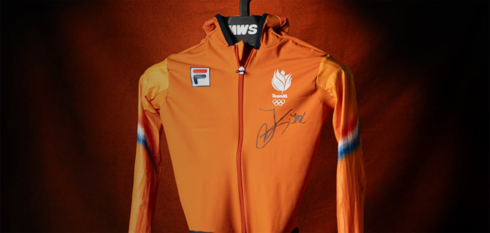 A photo of Jutta Leerdam's gold medal race suit from the Winter Games in Milan Cortina