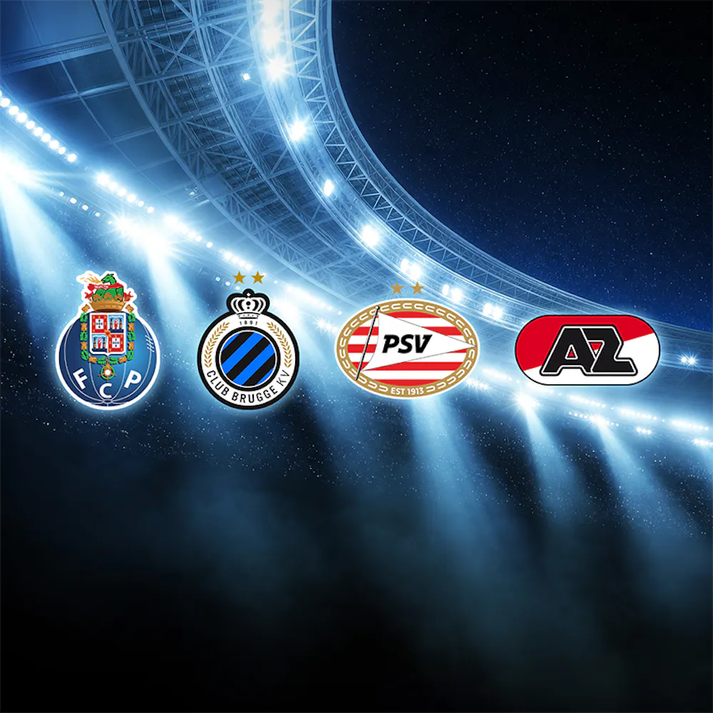 Logos of four football clubs: FC Porto, Club Brugge, PSV Eindhoven, and AZ Alkmaar under stadium lights.